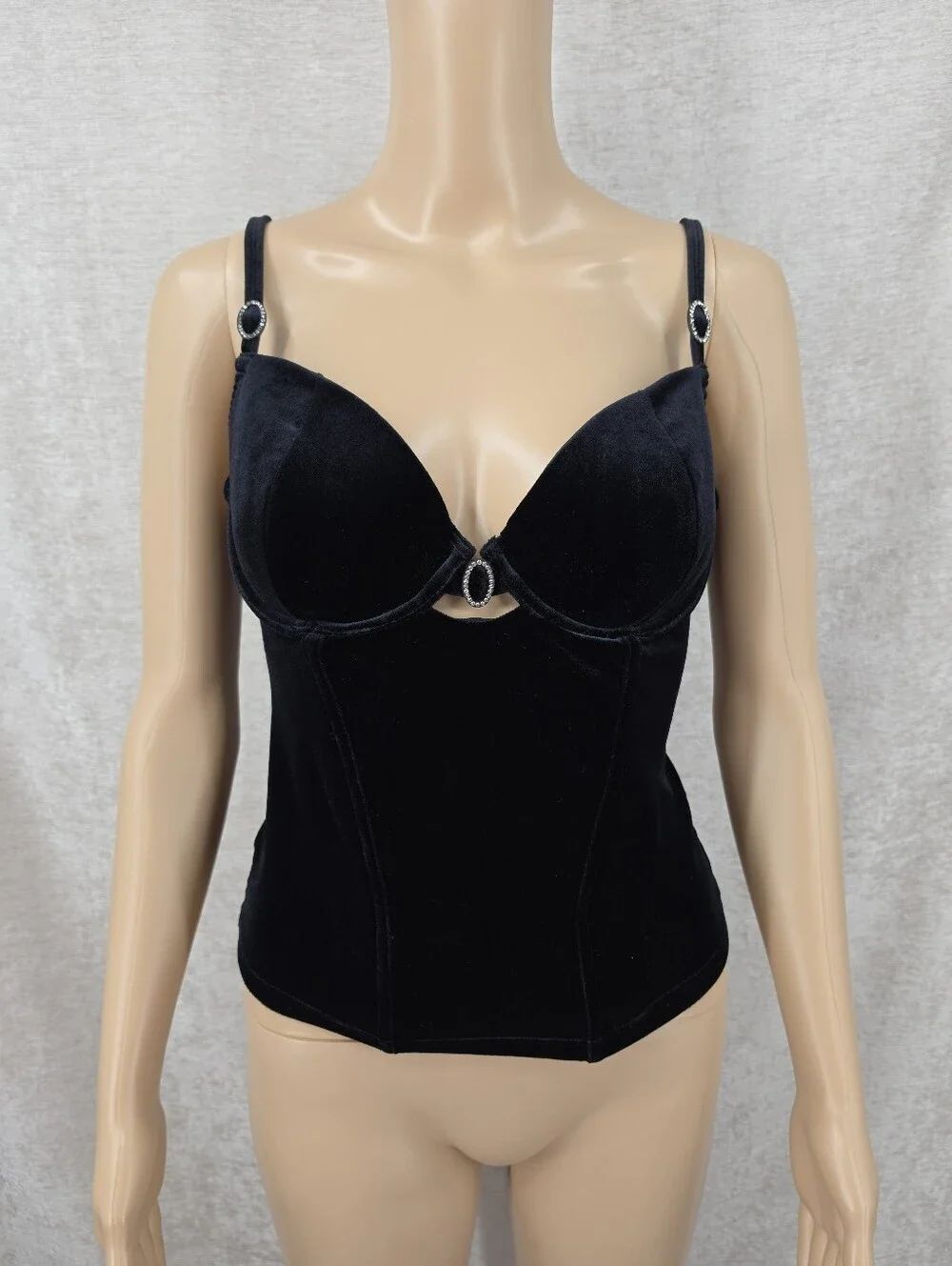 Y2K Black Velvet Bustier Corset Cami Tank Top Rhinestone Accents